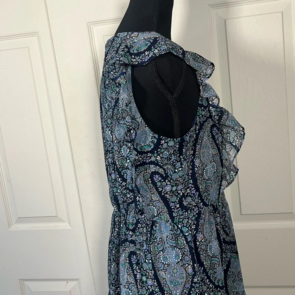 J.Crew Paisley Midi Dress Blue Ruffle Sleeve Fit Flare Spring 6